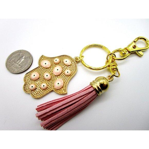 Gold tone pink evil eye hamsa charm key chain - pink leather tassel purse charm - Picture 2 of 5